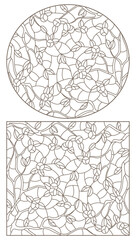 A set of contour illustrations with tree branches with fruit, dark contours on a white background