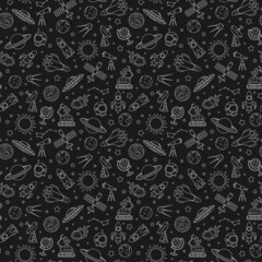 Seamless pattern on the theme of space and space flight, the light contour icons on a dark background