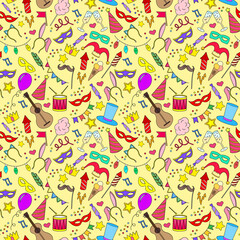 Seamless pattern on the theme of masquerade and carnival , simple painted icons, black contour on a yellow background