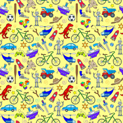Seamless pattern on the theme of childhood and toys, toys for boys, color icons on a yellow background