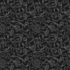 Seamless pattern on the theme of vegetables and healthy food,light contour icons on a dark background