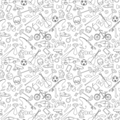 Seamless pattern on the theme of male Hobbies and habits,simple hand-drawn contour icons on white background