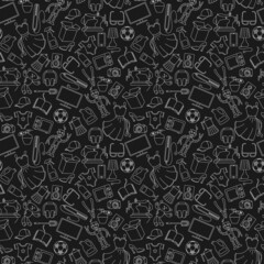 Seamless pattern on a variety of products and shopping, simple purchase icons, light contours on a dark background