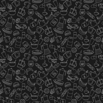 Seamless pattern on theme of food and breakfast , simple contour icons,light outlines on a dark  background