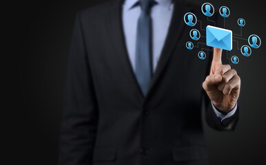 Email and user icon,sign,symbol marketing or newsletter concept, diagram.Sending email.Bulk mail.Email and sms marketing concept. Scheme of direct sales in business. List of clients for mailing.