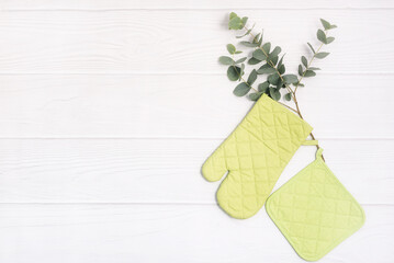 Fresh green plant, oven mitt and potholder on white wooden table. Kitchen accessory. Cooking mitten, oven-glove. Flat lay with copy space