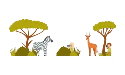 Wandaufkleber Children on safari tour. Kids visiting national park watching and photographing zebra and antelope cartoon vector illustration © Happypictures