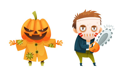 Cute funny Halloween characters set. Creepy pumpkin and baseball player cartoon vector illustration