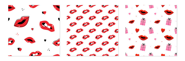 Set, collection of three seamless pattern background with red lips, hearts and gifts for make up and valentines day design.
