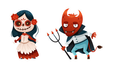 Cute funny Halloween characters set. Sugar skull girl in traditional dress and devil cartoon vector illustration