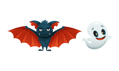 Obraz premium Cute funny Halloween characters set. Creepy bat and ghost cartoon vector illustration