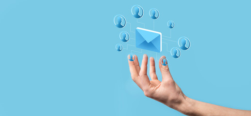 Fototapeta premium Email and user icon,sign,symbol marketing or newsletter concept, diagram.Sending email.Bulk mail.Email and sms marketing concept. Scheme of direct sales in business. List of clients for mailing.