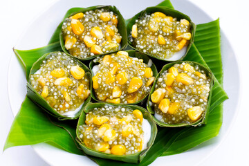 Thai dessert coconut pudding with tapioca pearl or sago and corn
