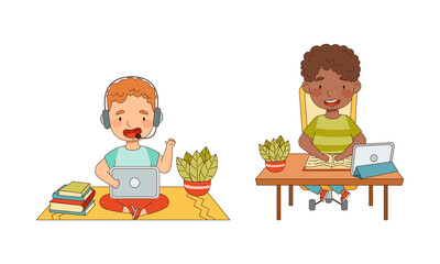 Cute little boys studying at home using laptop computer. Online education and e-learning cartoon vector illustration