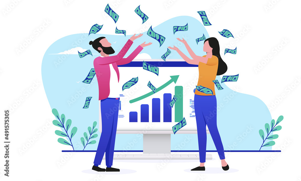 Poster financial success - man and woman in casual clothes cheering and celebrating making money in front o