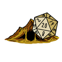 Dungeon and dragons board game. Dice d20 and cartoon cave entrance