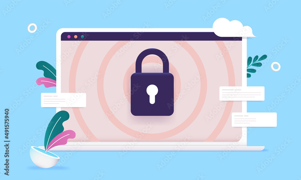 Poster computer security vector illustration with laptop and padlock on screen.
