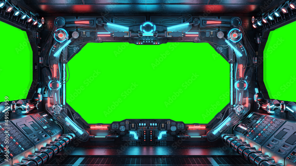 Aufkleber Dark spaceship interior with isolated window. Futuristic spacecraft with glowing blue and red control panels and empty view. 3D rendering