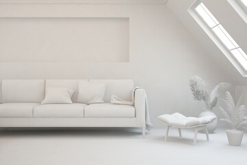 Mock up of minimalist living room in white color with sofa. Scandinavian interior design. 3D illustration