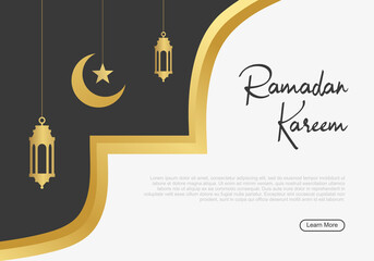 Ramadan kareem website landing page background with moon, star and lanterns