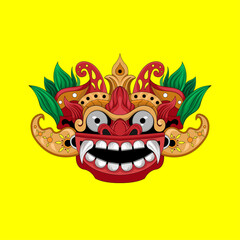 illustration mask Culture Barong Traditional Balinese isolated yellow background. Design good for apparel and tshirt.