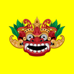 illustration mask Culture Barong Traditional Balinese isolated yellow background. Design good for apparel and tshirt.