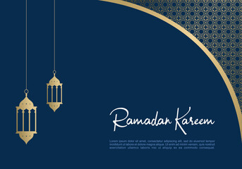 Ramadan kareem greeting card background with lanterns and islamic ornaments in blue style.