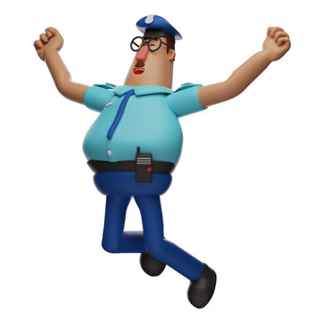 Smiley Face 3D Police Officer Cartoon Design with jumping poses