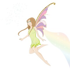 Fototapeta na wymiar Cartoon fairy forest girl with wings illustration rainbow