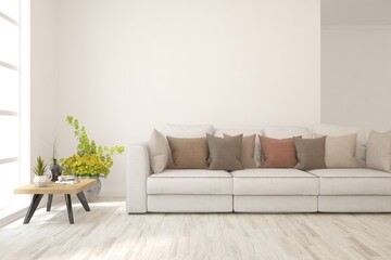 Soft color living room with sofa. Scandinavian interior design. 3D illustration