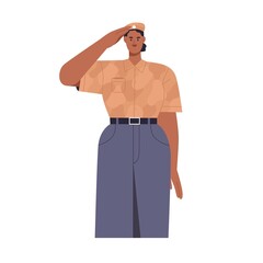 Fototapeta premium Woman soldier in uniform, saluting with hand at head. Female army worker portrait. Strong person from military service, armed forces. Flat vector illustration isolated on white background