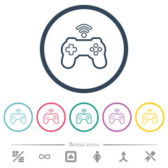Wireless game controller outline flat color icons in round outlines