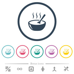 Glossy steaming bowl of soup with spoon flat color icons in round outlines
