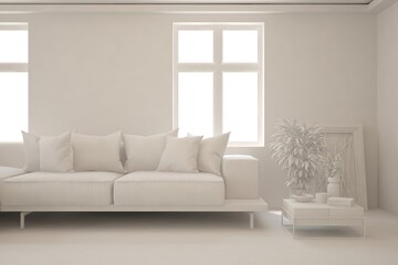 White minimalist living room with sofa. Scandinavian interior design. 3D illustration