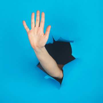 Abstract woman hand gesture of stop sign all finger up combination in blue torn page background with copy space