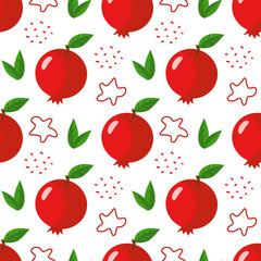 Cute pomegranate fruit with leaves and decorative elements. Seamless pattern. Can be used for wallpaper, fill web page background, surface textures