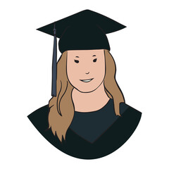 graduate student in flat color, graduated girl, graduation cap, university ceremony, vector illustration, face, Academic regalia