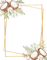 Watercolor Coconut Clipart, Greenery Wreath illustration, Cotton, Coconut border, Floral Bouquet, Golden Frame, Tropical florals wreath, Wedding Invites, Logo