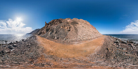 full seamless spherical hdr 360 panorama view on road along coast of sea high in sandy mountains...