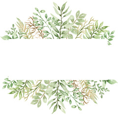 Greenery Frame Clipart, Watercolor Green Leaves wreath illustration, Foliage Border, Floral Wedding arrangement, Leaf frame, Herbal Plant, Nature card template