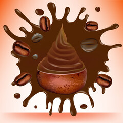 single brown ice cream scoop with coffee beans isolated on brown background