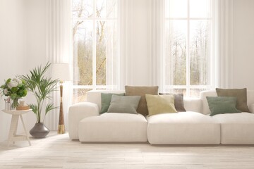 White living room with sofa and winter landscape in window. Scandinavian interior design. 3D illustration
