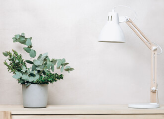 minimal decor scandinavian workspace with white lamp and cement vase with eucalyptus leaves branch. product placement trendy simple style. copy space.