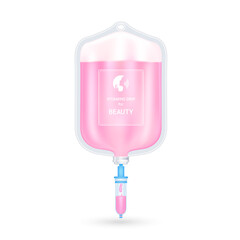 Serum collagen vitamin inside saline bag for beauty pink. Injection of IV drip vitamin and minerals for health and skin. Medical aesthetic concept. Saline bag on white background 3D vector EPS10.