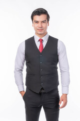 Portrait working Asian business handsome man ware suit standing on white background with copy space - business concept