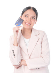 Business Asian woman showing credit card for payment shopping online , paying by credit card online shopping  e-commerce telemarketing concept