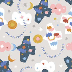 Peaceful bird with sun and moon in the beak fly in the sky vector seamless pattern. There is a brighter day phrase. Boho baby Day Night celestial print for kids fashion and nursery decor.