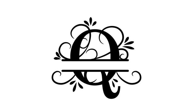Split letter Q. Monogram Q. Animated letter in vintage style, the letter appears, branches and leaves grow. A personalized logo for your video's.  personality. Alpha channel, transparent layer.