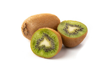 Ripe kiwi fruit and half kiwi isolated on a white background