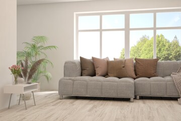 White living room with sofa and summer landscape in window. Scandinavian interior design. 3D illustration